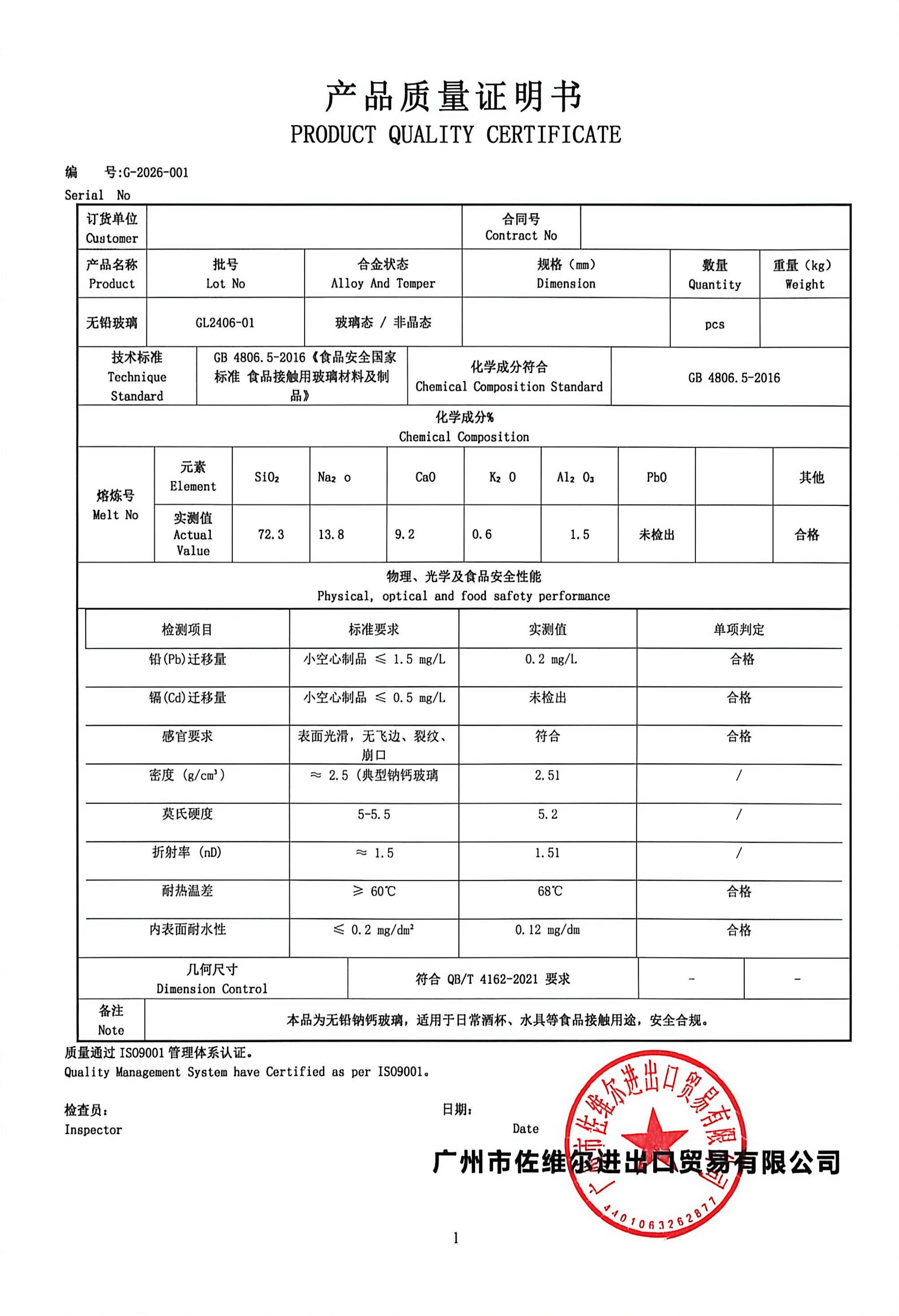 Glass & Liuli Material Certificate — page 1